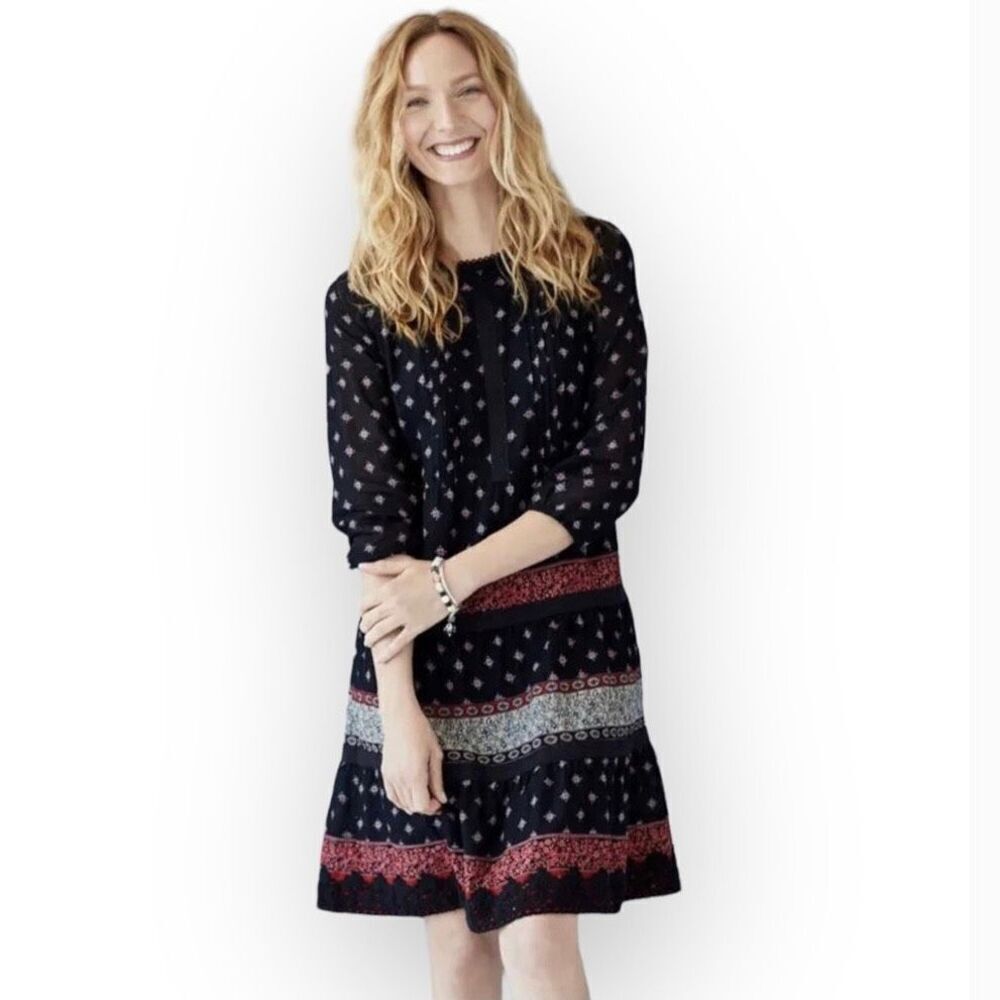 J Jill Pintucked Lace Trim Midi Dress Tiered A-Line Black Red Women Medium Boho - Picture 2 of 11